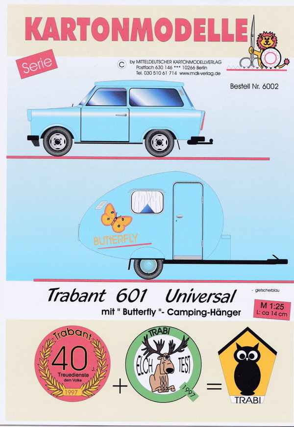 MDK 6002 - Trabant 601 universal mit Wohnanhänger Dübener Ei - hellblau - 1:25